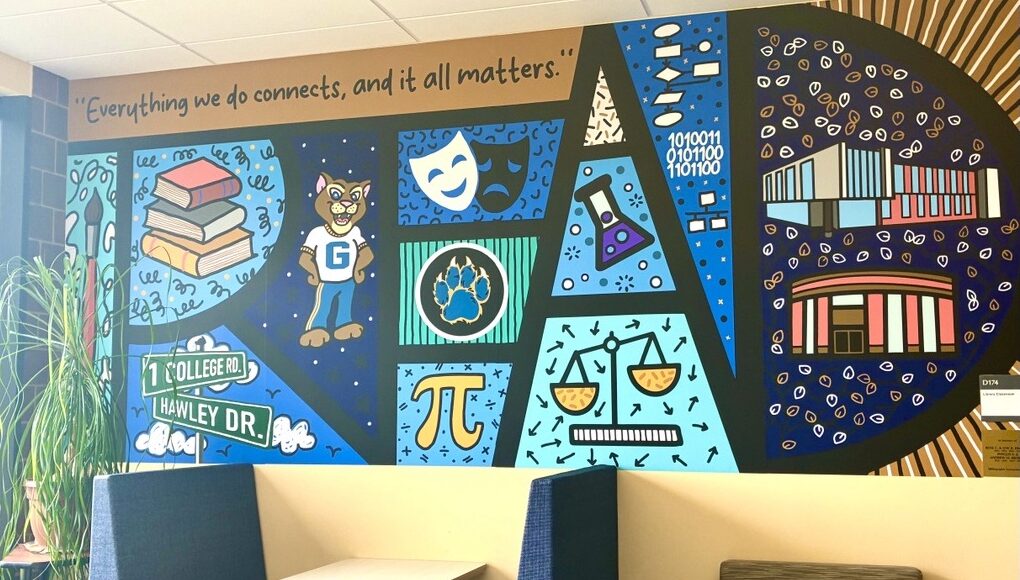 Bright wall mural including GCC and library specific graphics such as a cougar paw, academic program graphics such as theatre, art, paralegal, and graphics representing GCC buildings.