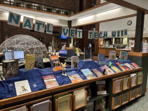 Decorative book display with banner above that reads National Vet Tech Week