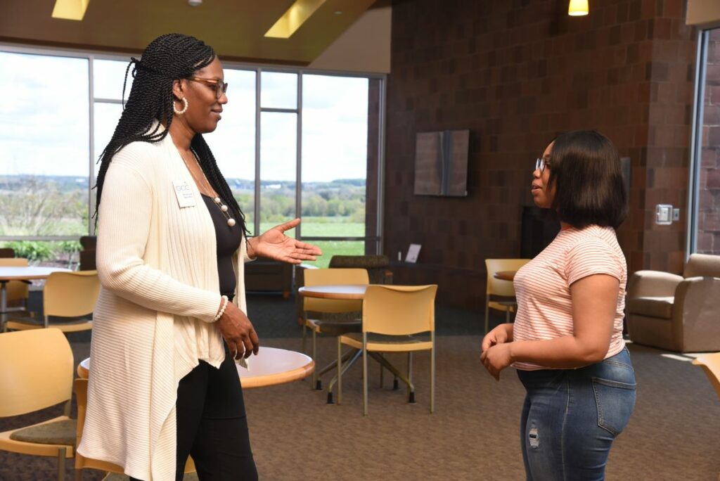 Prospective student speaking to tour guide