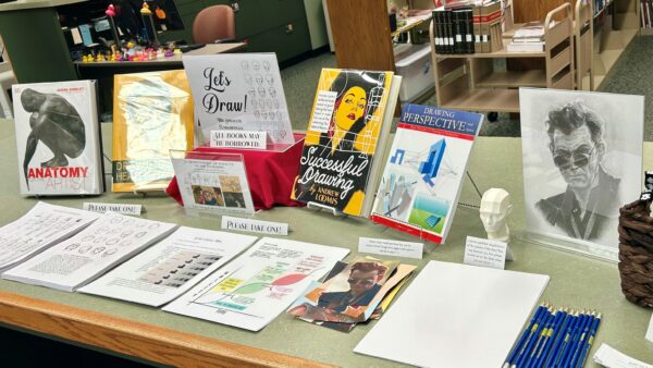 showing display of drawing books and instruction sheets at our circulation desk
