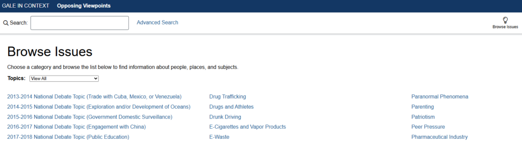 screenshot of Opposing Viewpoints Browse Issues interface
