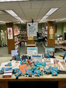 Decorative book display at circulation desk with hanging animal cutouts, books, signage, and scooby snacks treats.