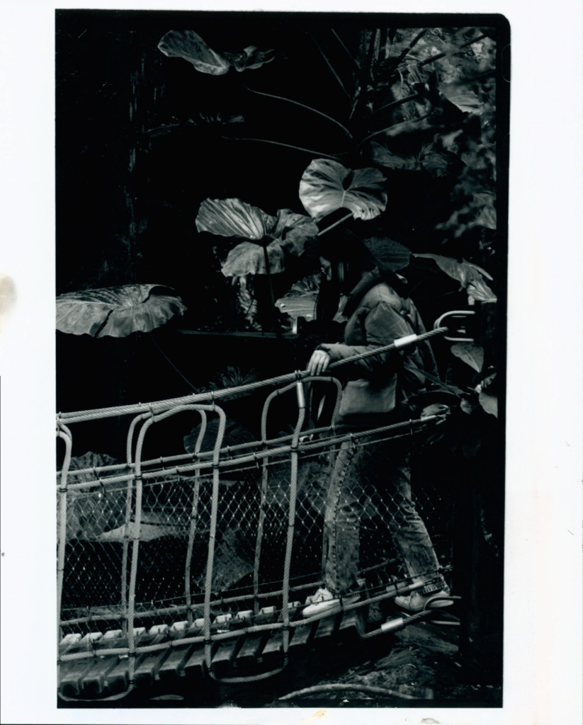 black and white image of young woman walking on a bridge through lush foliage